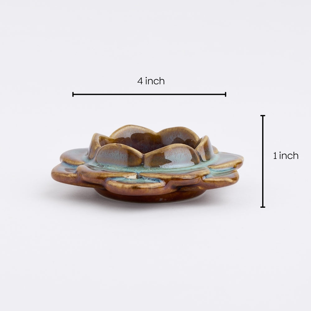 Ceramic Flower Diya, Set of 2- Blue/Brown