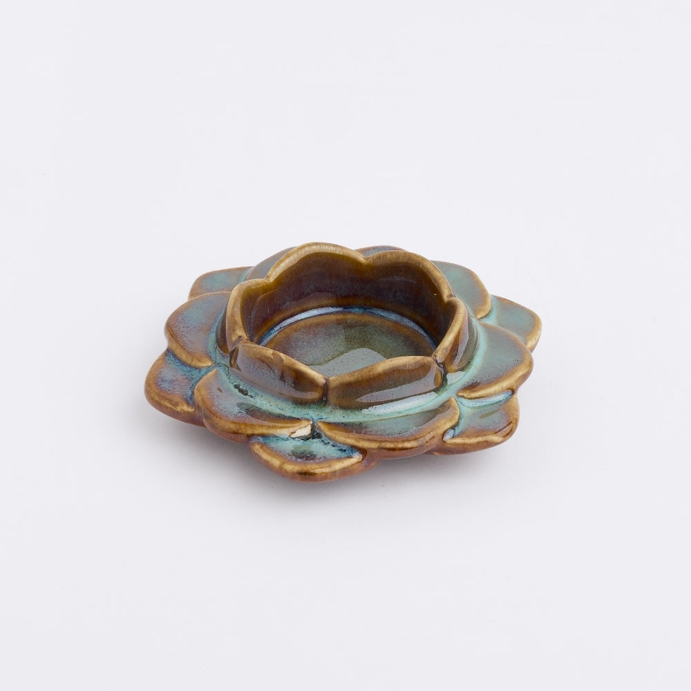 Ceramic Flower Diya, Set of 2- Blue/Brown