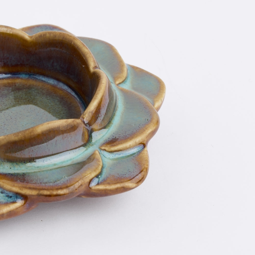 Ceramic Flower Diya, Set of 2- Blue/Brown