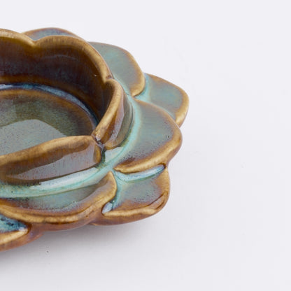Ceramic Flower Diya, Set of 2- Blue/Brown