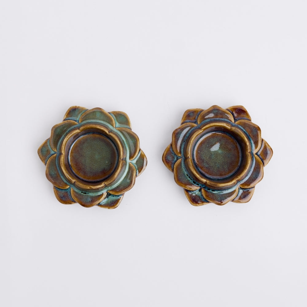 Ceramic Flower Diya, Set of 2- Blue/Brown