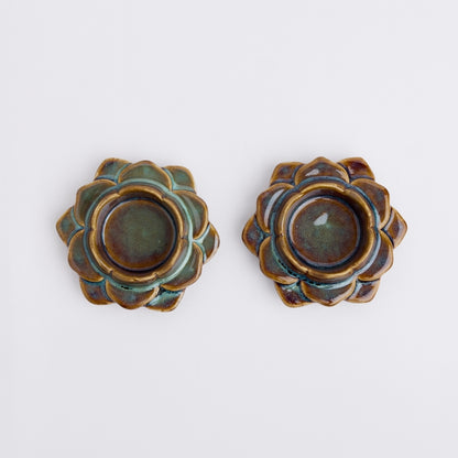 Ceramic Flower Diya, Set of 2- Blue/Brown