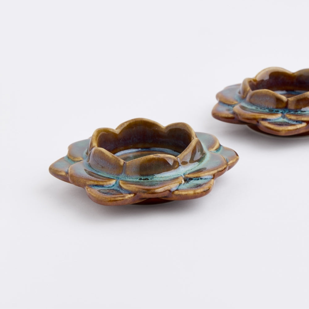 Ceramic Flower Diya, Set of 2- Blue/Brown