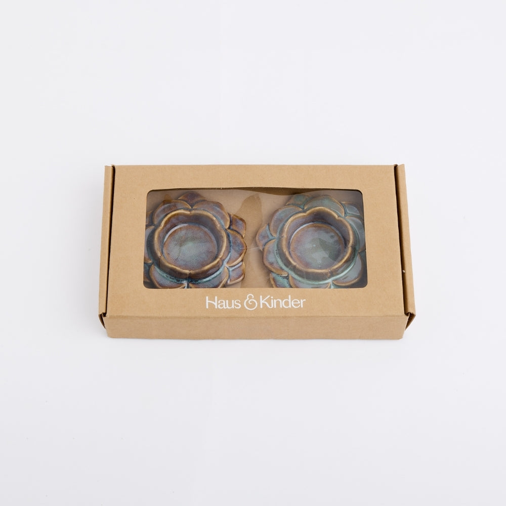 Ceramic Flower Diya, Set of 2- Blue/Brown