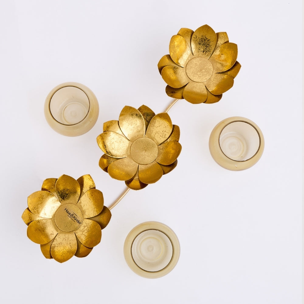 Metal Flower Glass 3 in 1 Tea Light Holder, Gold