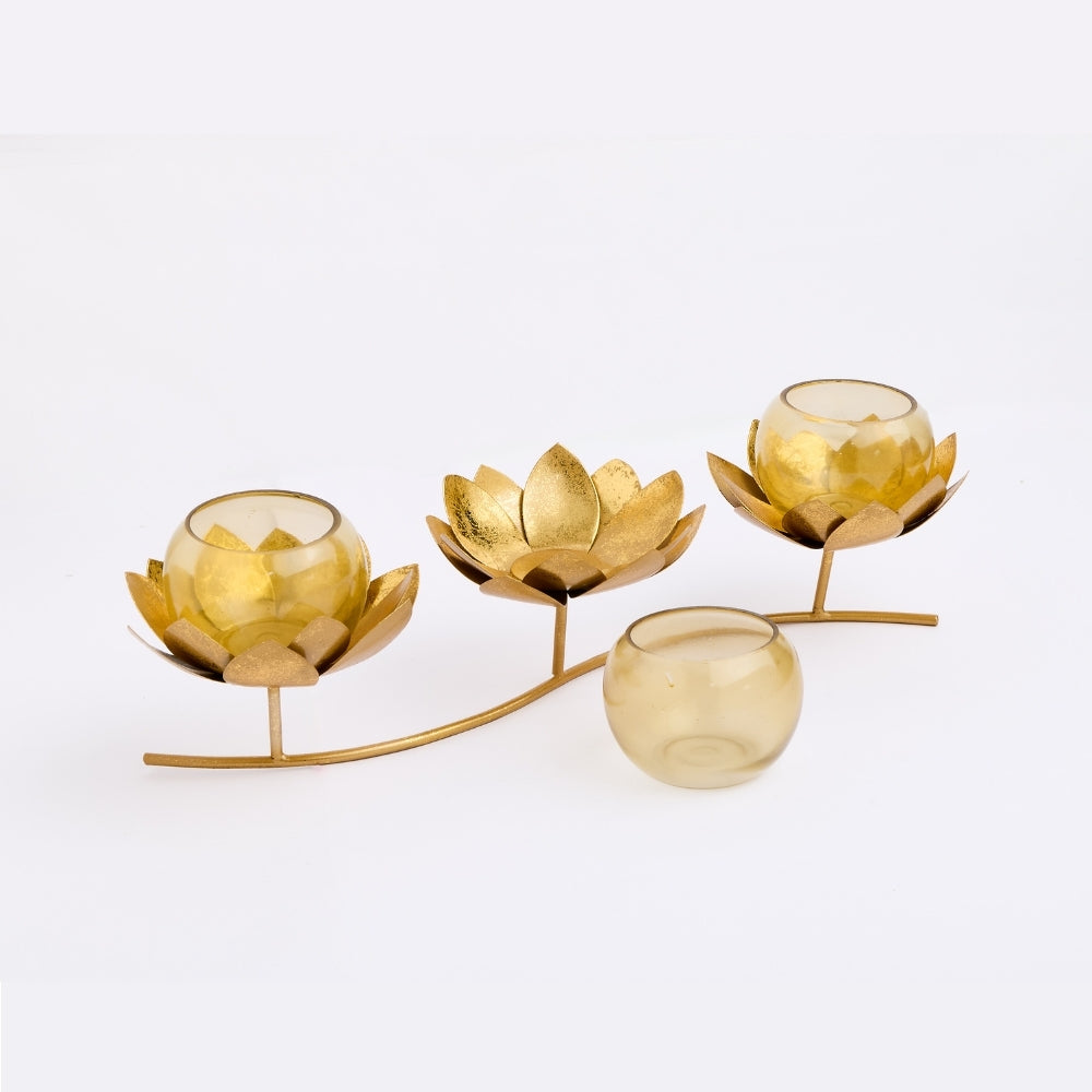 Metal Flower Glass 3 in 1 Tea Light Holder, Gold