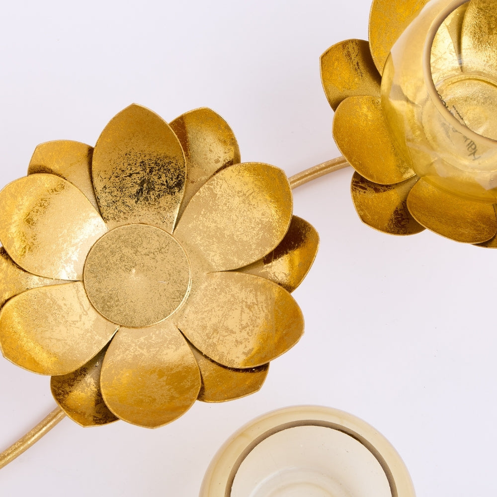 Metal Flower Glass 3 in 1 Tea Light Holder, Gold