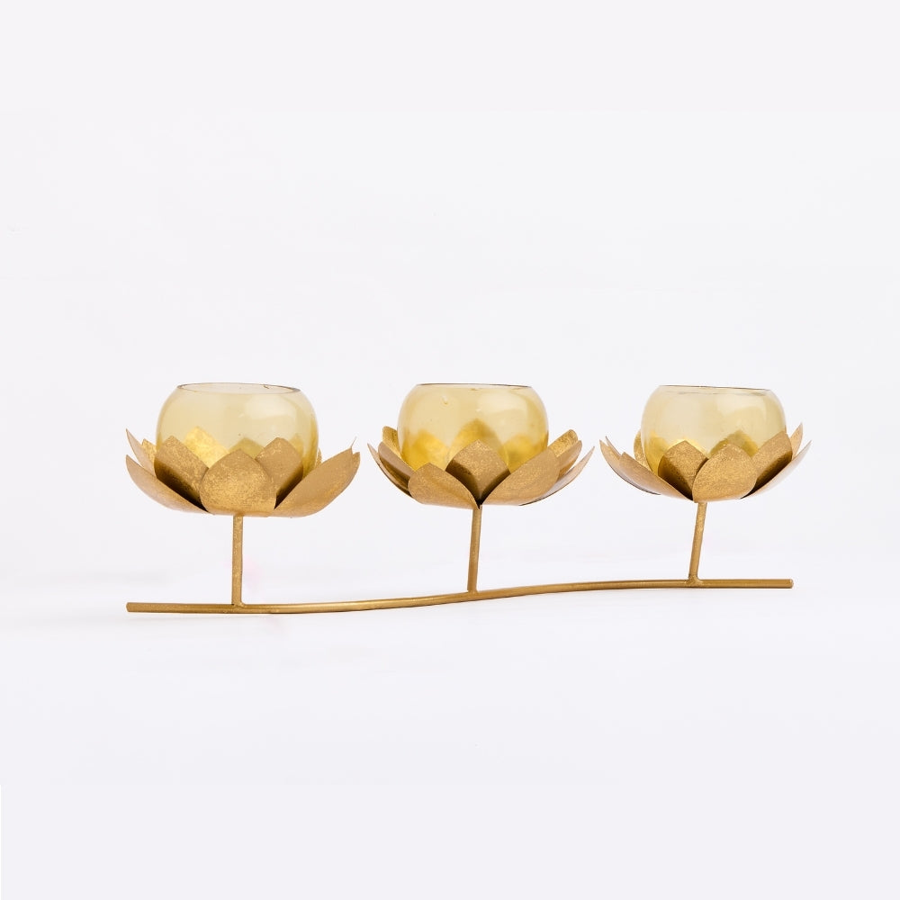 Metal Flower Glass 3 in 1 Tea Light Holder, Gold