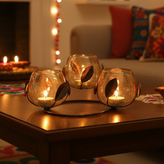 Flower Crackle Glass Tea light Holder, Gold / Black