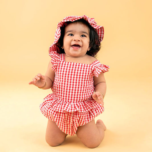Red Gingham Check Onesie with Cap Red 100% Cotton & 100% Machine washable