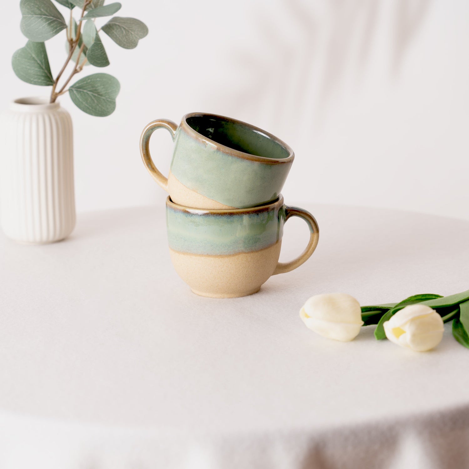 Earthleaf Ceramic Cup- Green & Beige Set of 2