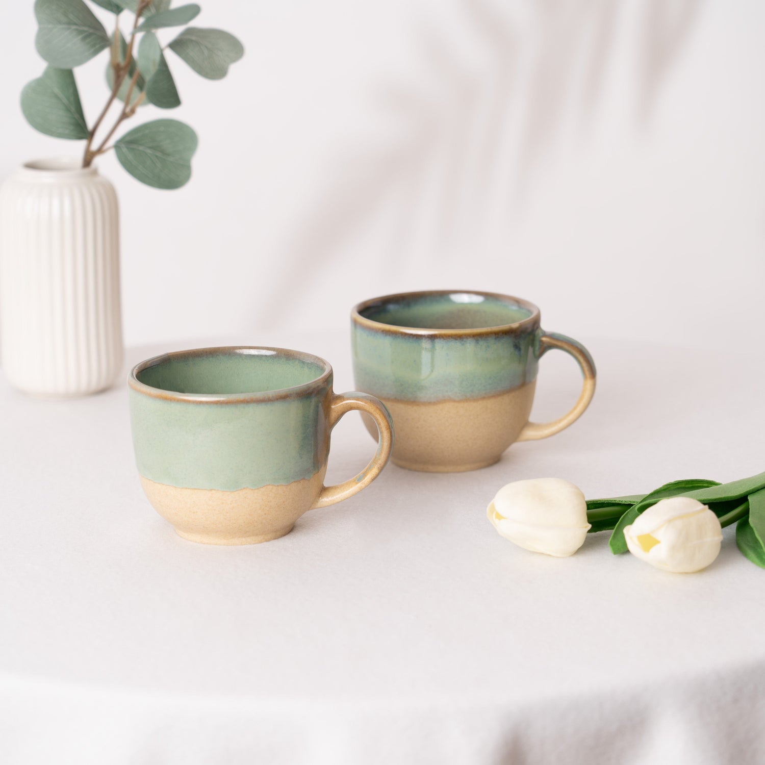 Earthleaf Ceramic Cup- Green & Beige Set of 2