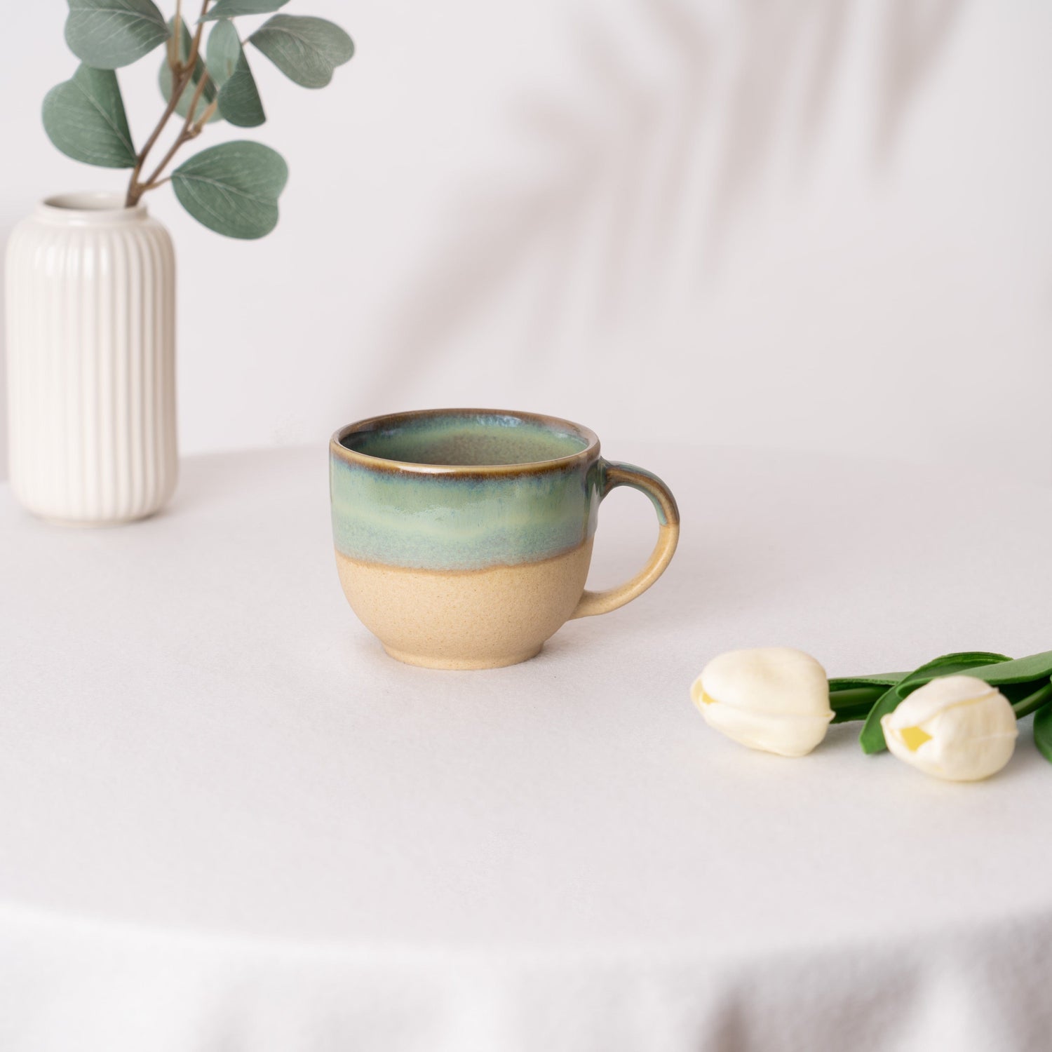 Earthleaf Ceramic Cup- Green & Beige Set of 2