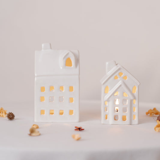 Luminous Cottage Tea light Holder- White set of 2