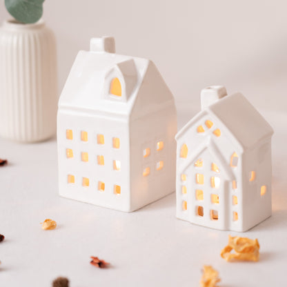 Luminous Cottage Tea light Holder- White set of 2