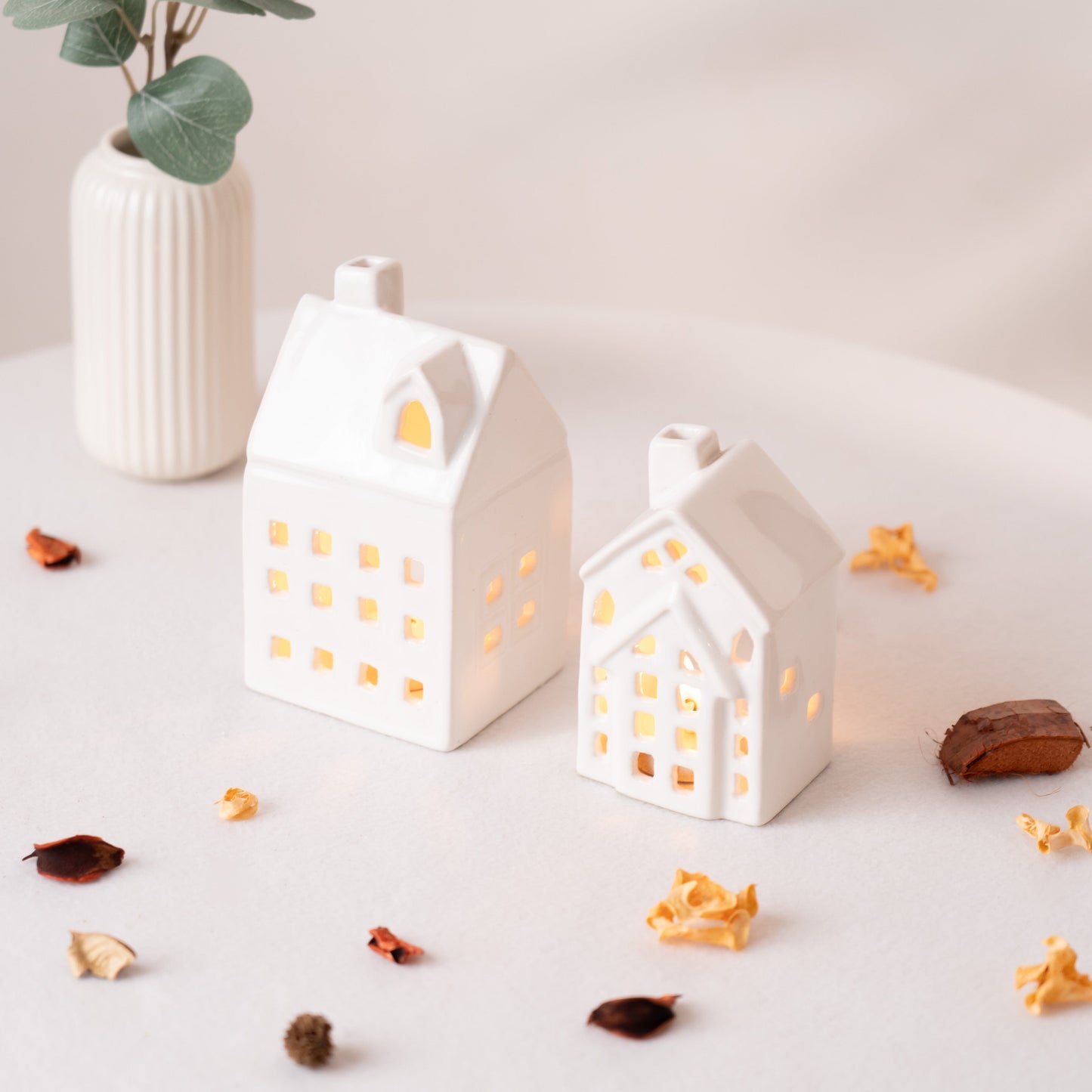 Luminous Cottage Tea light Holder- White set of 2