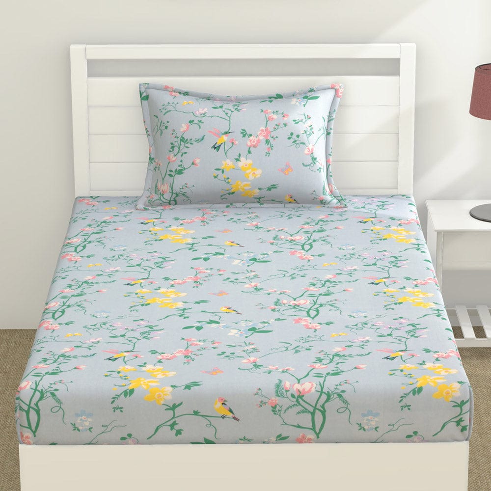 100% Cotton Single Size Bedsheet, Blue Flower