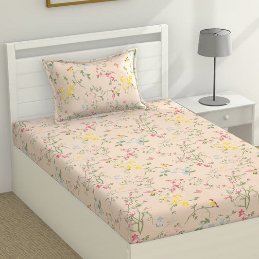 100% Cotton Single Size Bedsheet, Peach Flower