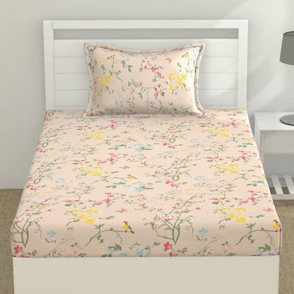 100% Cotton Single Size Bedsheet, Peach Flower