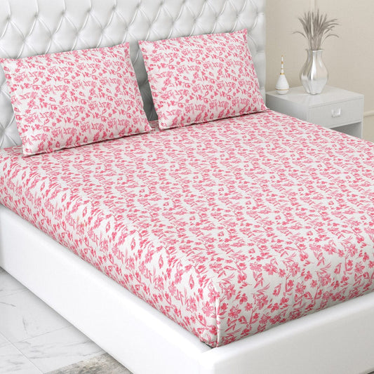 Pink 100% Cotton Fitted Double Size Bedsheet, 200 TC