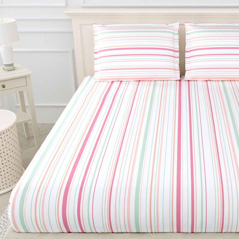 Stripes 100% Cotton King Size Bedsheet, 186 TC, Pink and Green