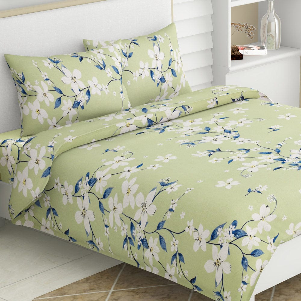 Ivory Bloom 100% Cotton Double Size Bedsheet, 144 TC, Green