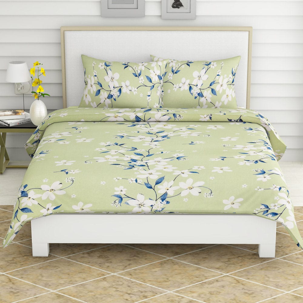 Ivory Bloom 100% Cotton Double Size Bedsheet, 144 TC, Green