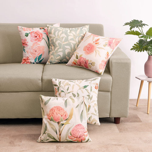 Digital Printed 100% Cotton duck cushion covers, set of 5 , Serene Petals