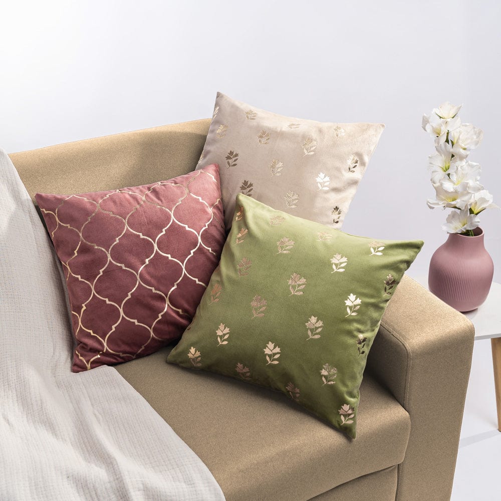 Gold Foil Printed Cotton Velvet Cushion Covers, set of 3 , Festive Flair