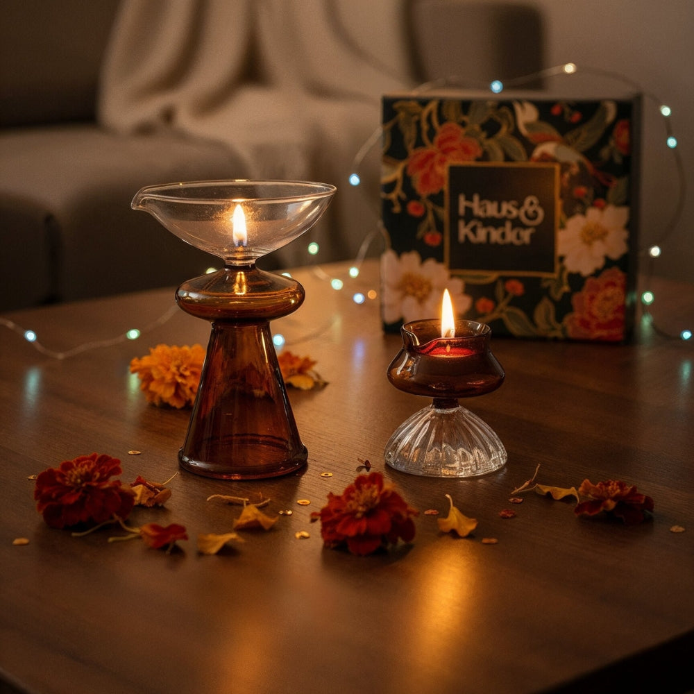 Crystal Flame Elegant Diya Set, Amber
