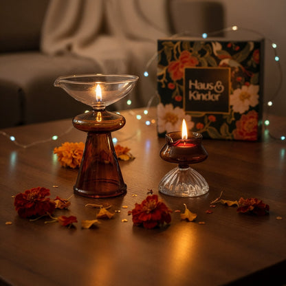 Crystal Flame Elegant Diya Set, Amber