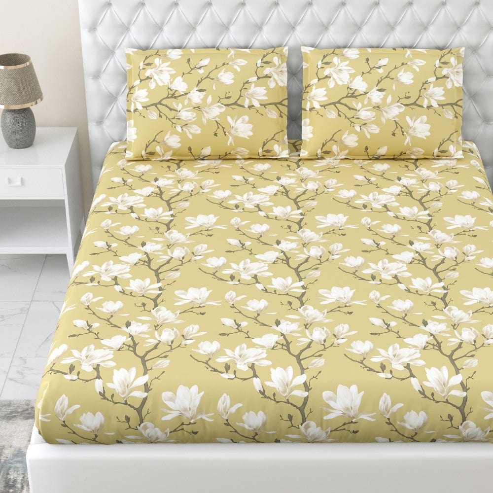 Golden Bloom Trellis 100% Cotton King Fitted Bedsheet, 144 TC