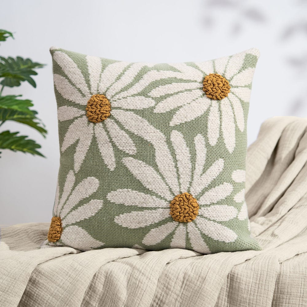 Knitted Embroidered Decorative Cushion Cover, Big Flower Mint