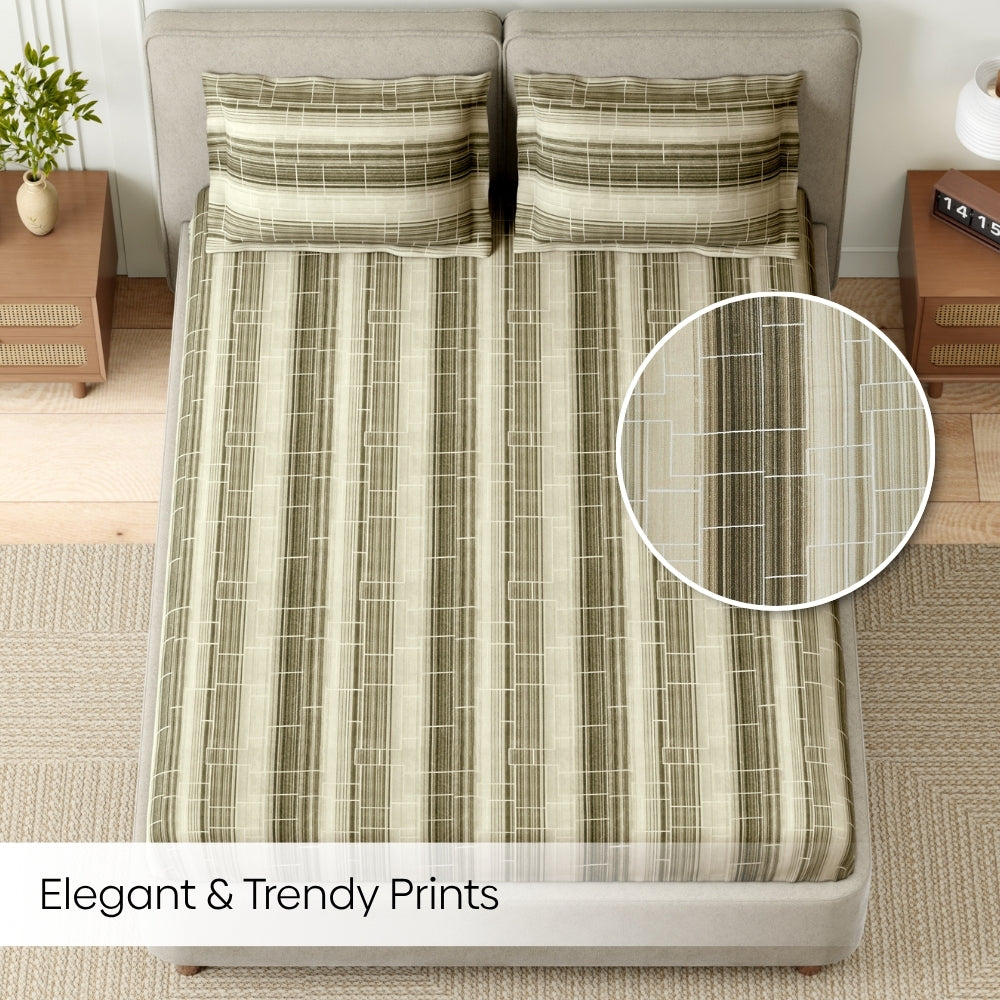 Green Linear Muse 100% Cotton King Fitted Bedsheet, 144 TC