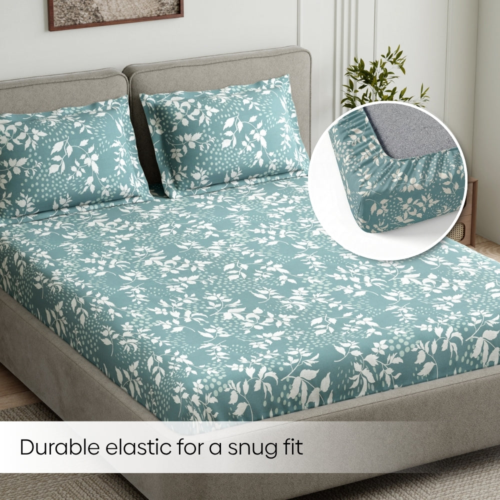 Green foliage 100% Cotton King Fitted Bedsheet, 144 TC