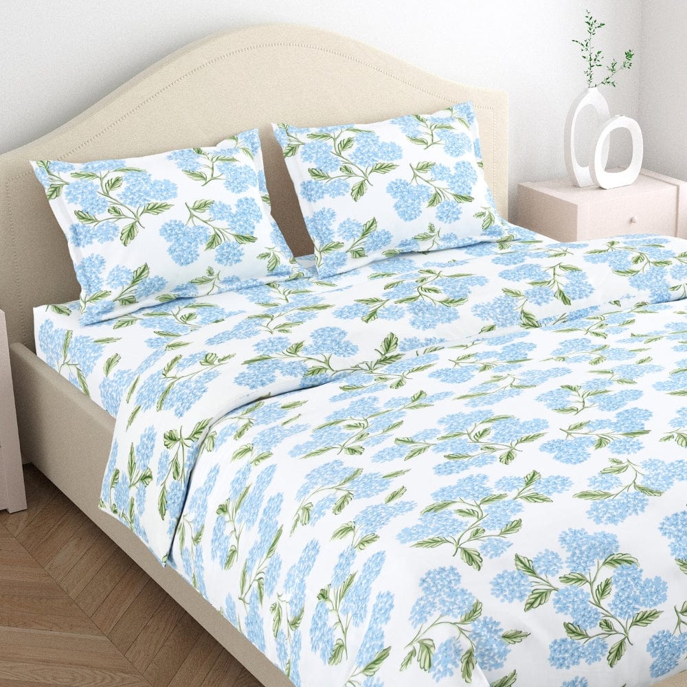 Hydrangea Blue 100% Cotton King Size Bedsheet, 186 TC