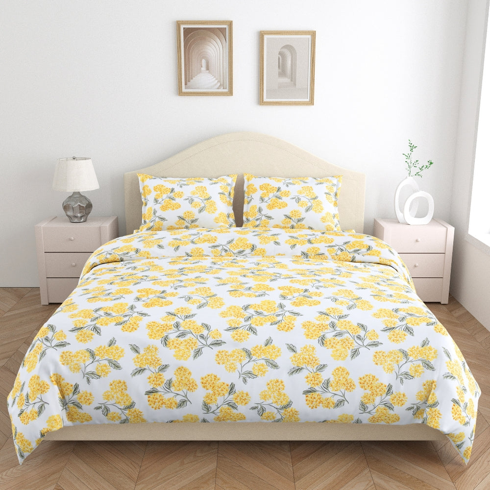 Hydrangea Yellow 100% Cotton King Size Bedsheet, 186 TC