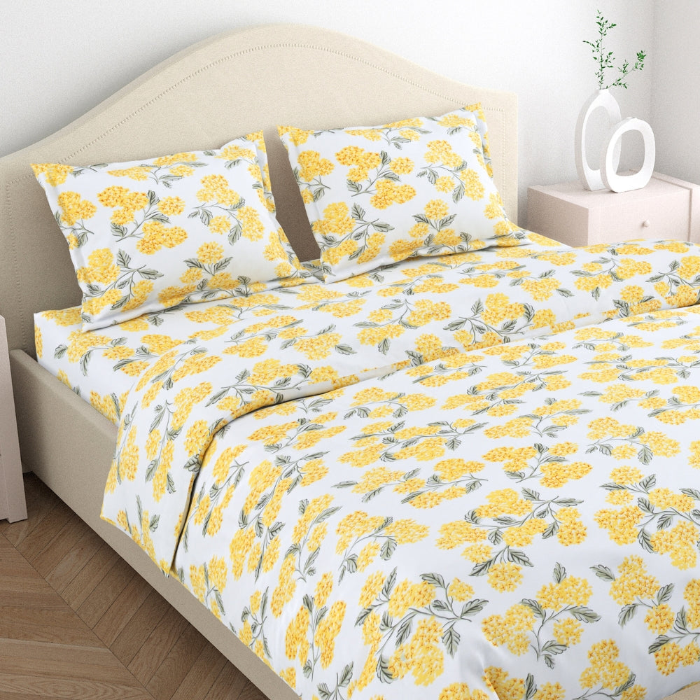 Hydrangea Yellow 100% Cotton King Size Bedsheet, 186 TC