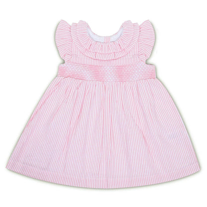 Ruffled Neck Stripes Frock with Bloomer Pink 100% Cotton & 100% Machine washable