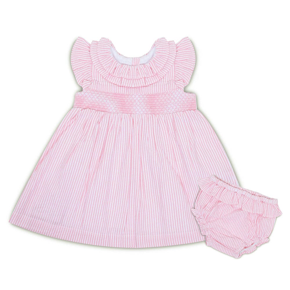 Ruffled Neck Stripes Frock with Bloomer Pink 100% Cotton & 100% Machine washable