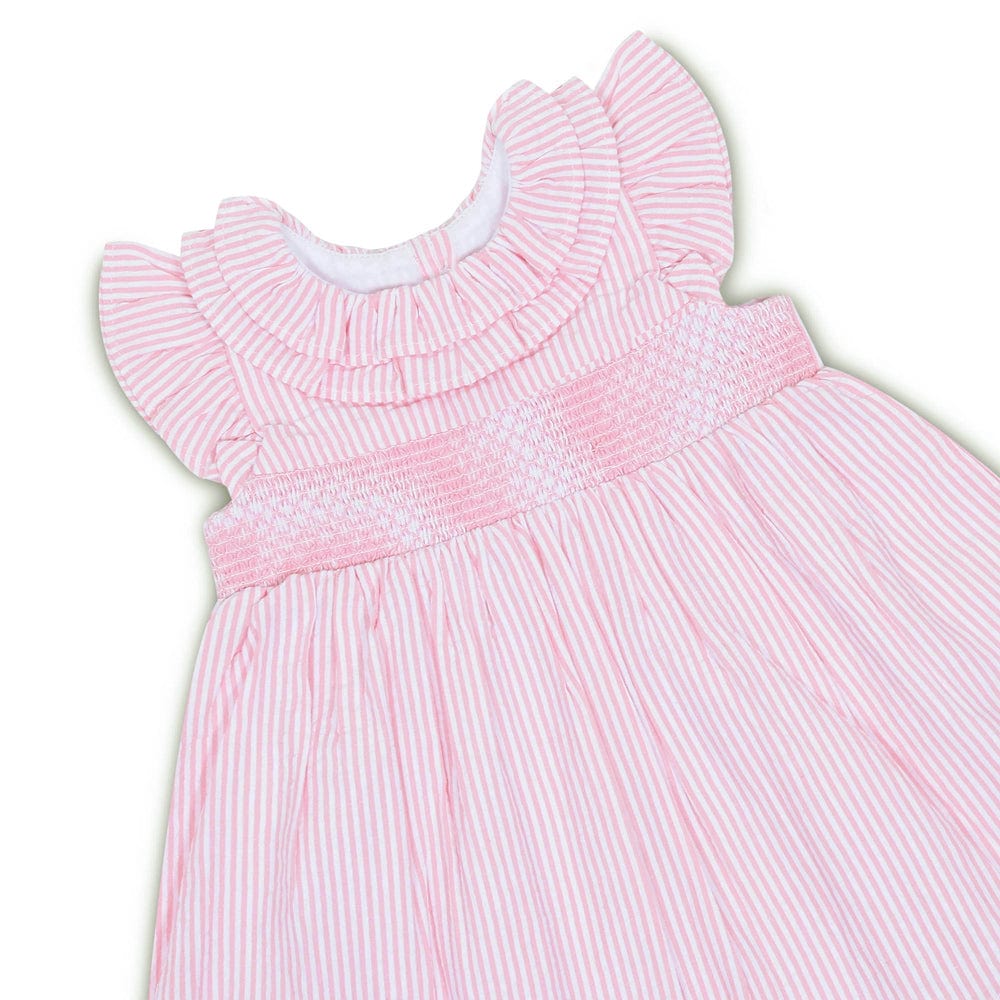 Ruffled Neck Stripes Frock with Bloomer Pink 100% Cotton & 100% Machine washable