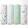 Aloha Collection 100% Cotton Muslin Swaddle Pack Of  4 (Elephant, Dot, Fruit, Ocean)