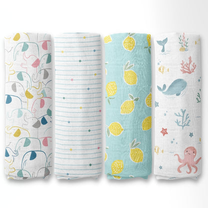 Aloha Collection 100% Cotton Muslin Swaddle Pack Of  4 (Elephant, Dot, Fruit, Ocean)