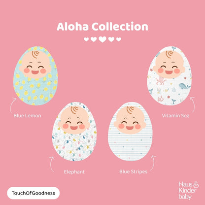 Aloha Collection 100% Cotton Muslin Swaddle Pack Of  4 (Elephant, Dot, Fruit, Ocean)