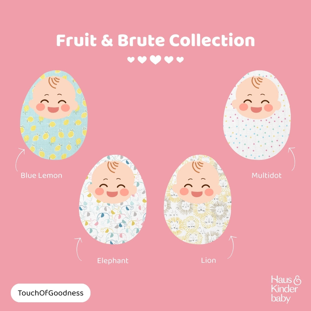 Fruit & Brute 100% Cotton Soft Muslin Swaddles -Pack of 4 ( Yellow , blue , Multicolor)