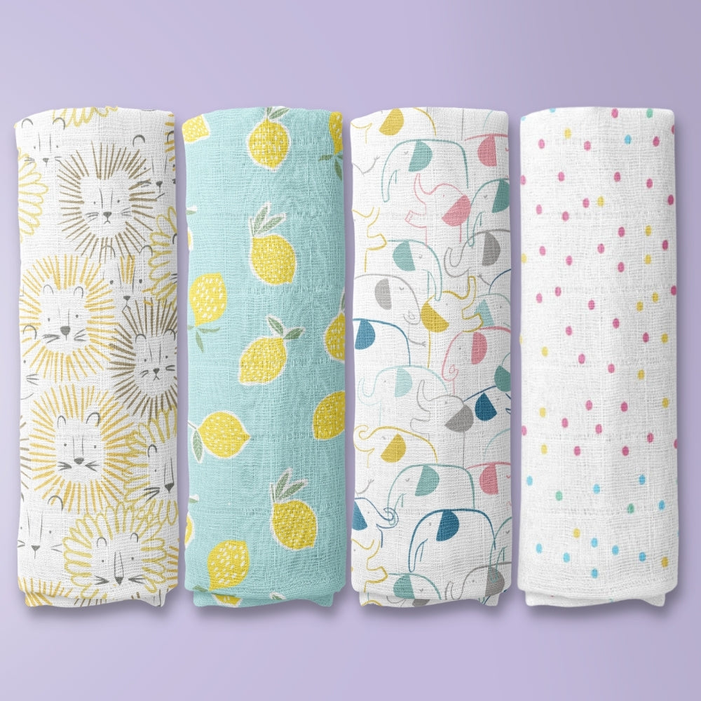 Fruit & Brute 100% Cotton Soft Muslin Swaddles -Pack of 4 ( Yellow , blue , Multicolor)