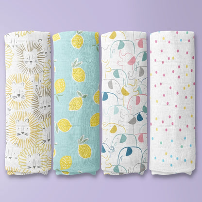 Fruit & Brute 100% Cotton Soft Muslin Swaddles -Pack of 4 ( Yellow , blue , Multicolor)
