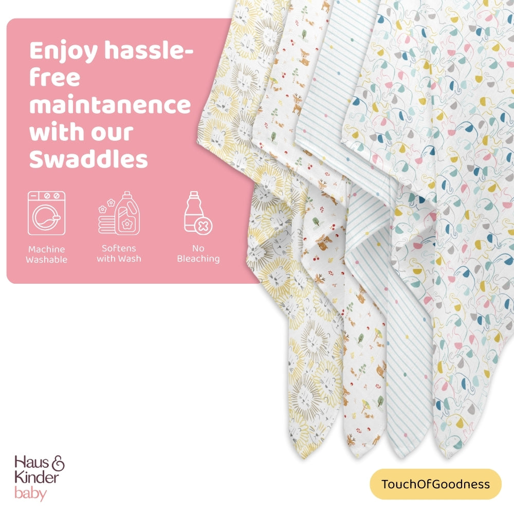 Fruit & Brute 100% Cotton Soft Muslin Swaddles -Pack of 4 ( Yellow , blue , Multicolor)