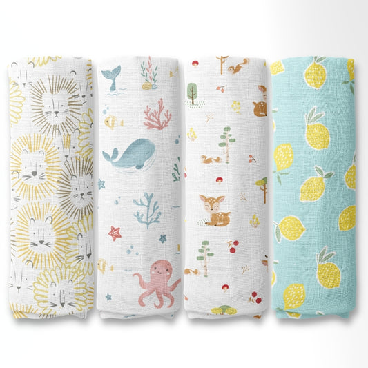 Fruity fauna Collection 100% Cotton Muslin Swaddle Pack Of 4