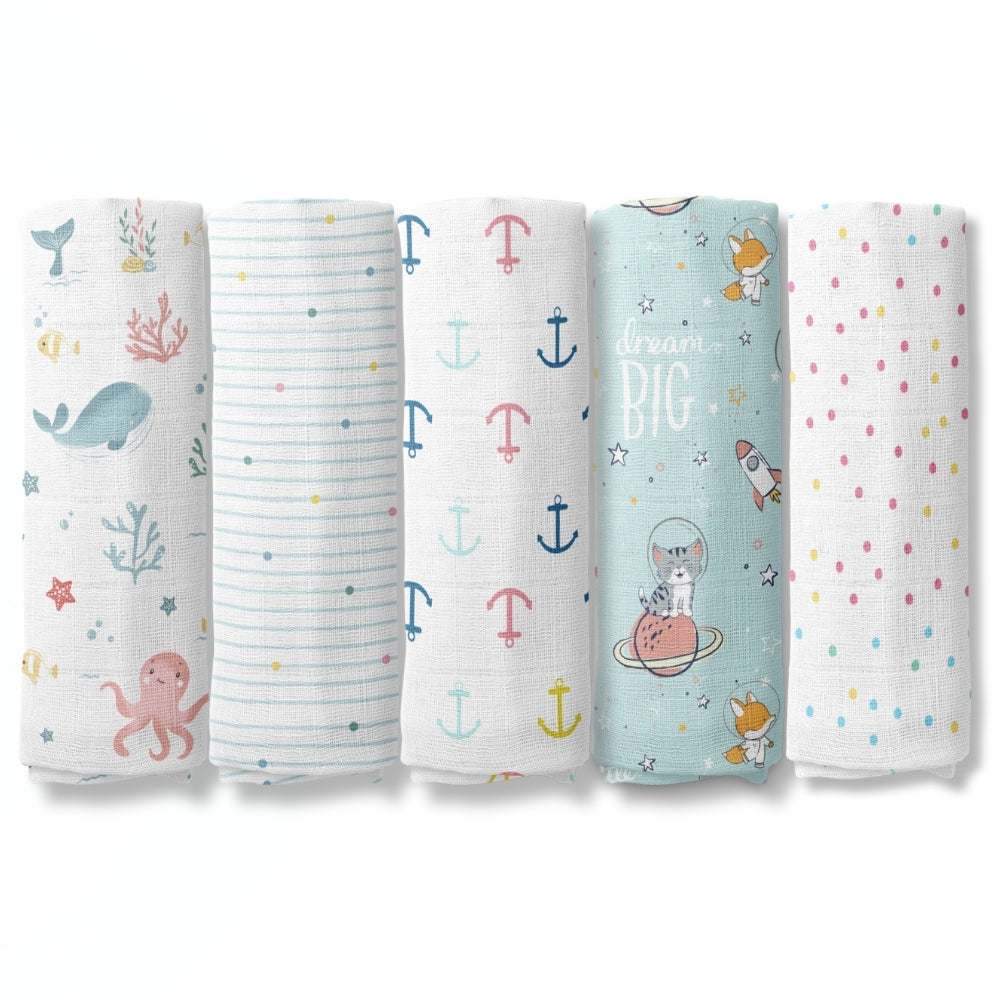 Nautical Collection 100% Cotton Muslin Swaddle Pack Of  5